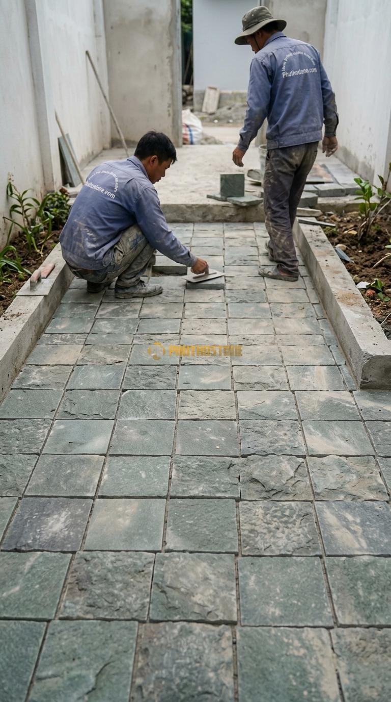 Đá Cubic Xanh Rêu Lát Sân Kiểu Xếp Thẳng Sân Nhà Phố KT Viên 10x10x8cm