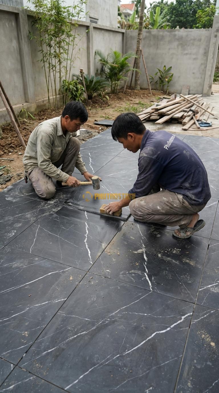 Đá Đen Chỉ Trắng Mài Hone 3cm Lát Sân Biệt Thự 600x600cm