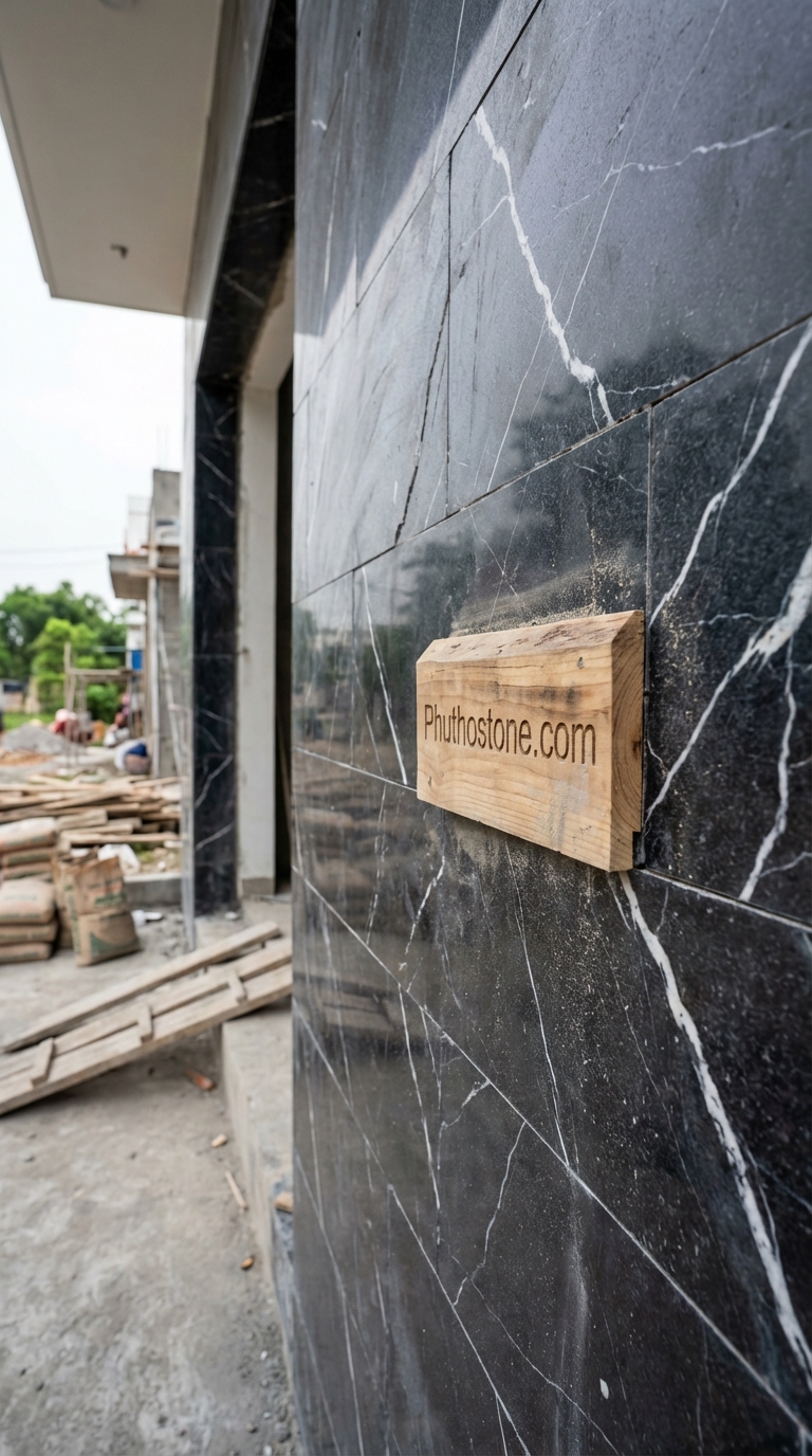 Đá đen Thiên An ốp mặt tiền, bề mặt chẻ tay (Slate), Kích thước 10x20cm