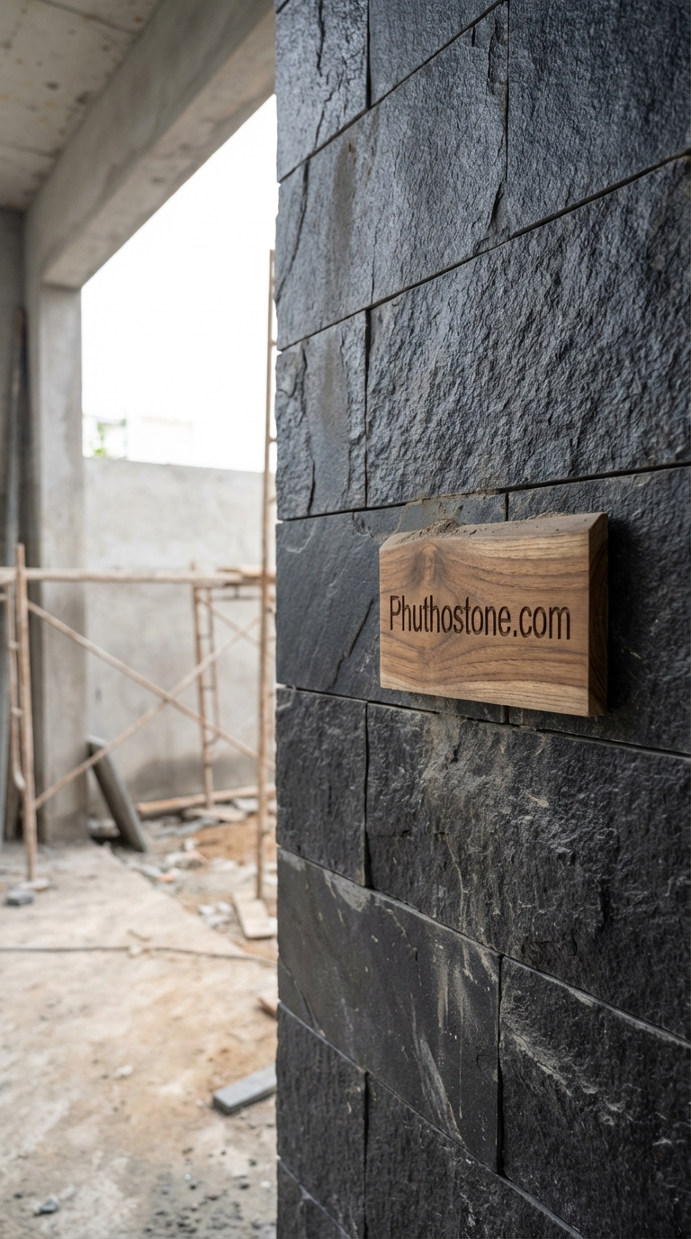 Đá đen Thiên An ốp mặt tiền, bề mặt khò mặt, Kích thước 30x60cm