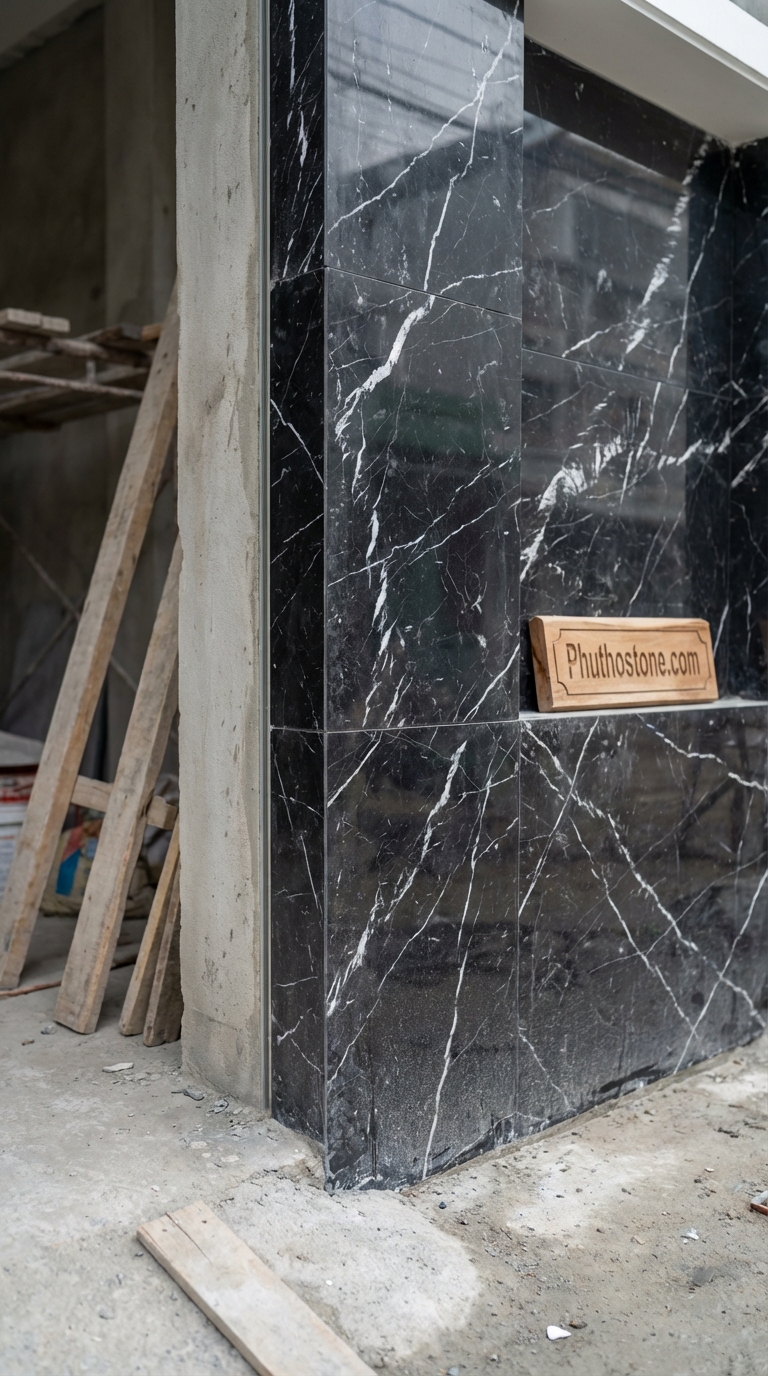 Đá đen Thiên An ốp mặt tiền, bề mặt mài bóng sang trọng, Kích thước 60x120cm