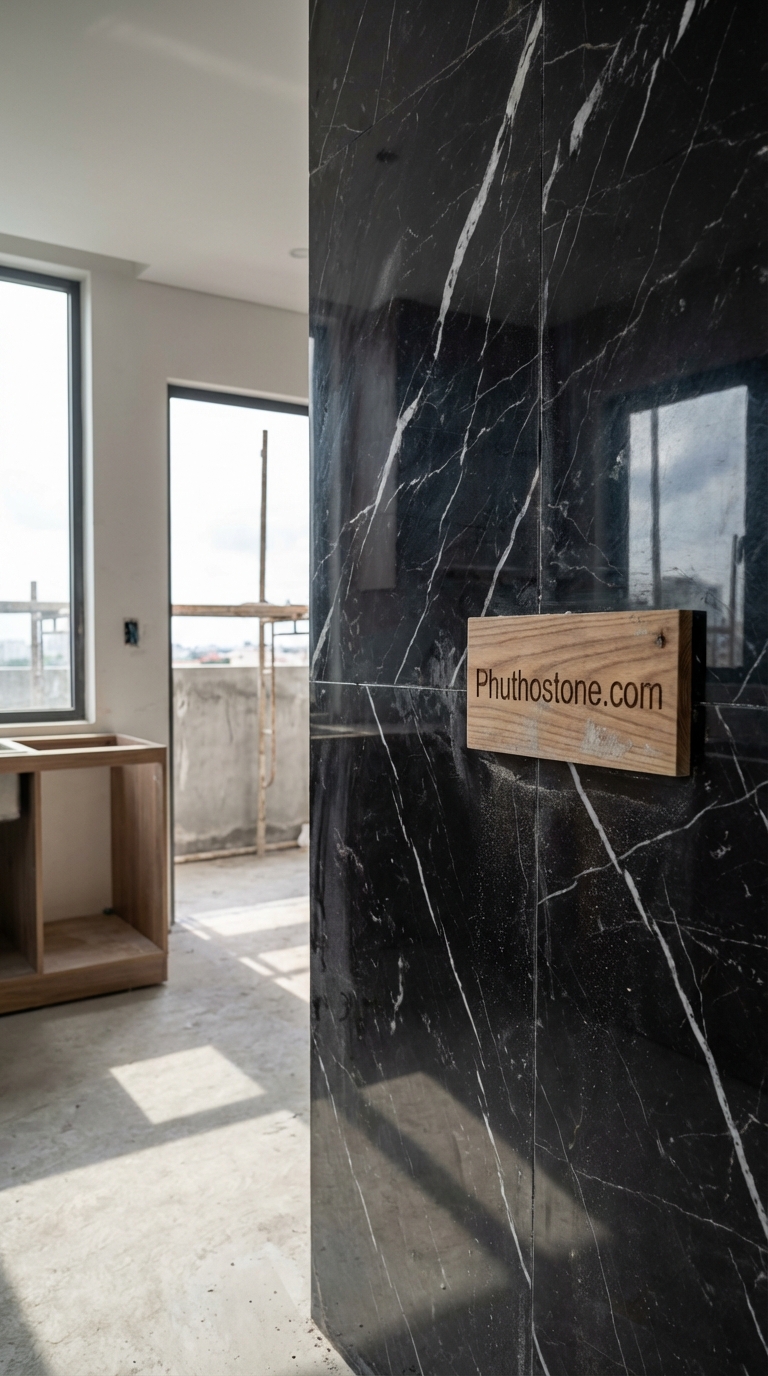 Đá đen Thiên An ốp tường bếp, bề mặt vân mây, Kích thước khổ lớn (Slab)