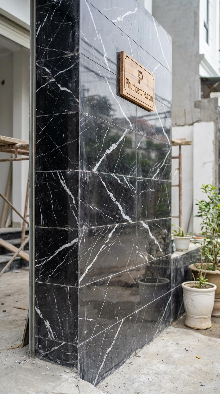 Đá đen Thiên An ốp tường ngoài trời, bề mặt mài giả cổ, Kích thước 10x20cm