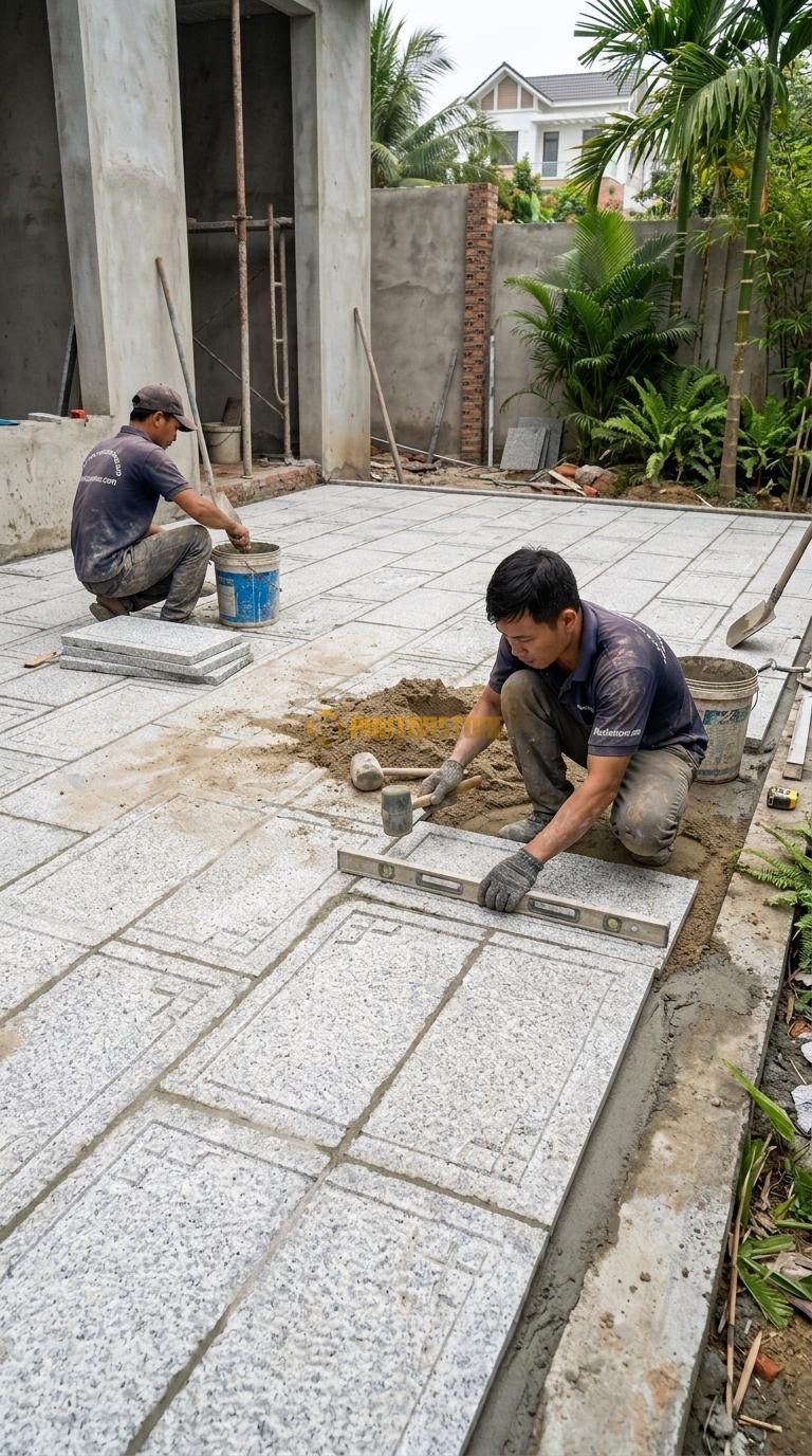 Đá Granite Trắng Muối Tiêu Băm Hoạ Tiết 3cm Lát Sân Sau 600x300cm