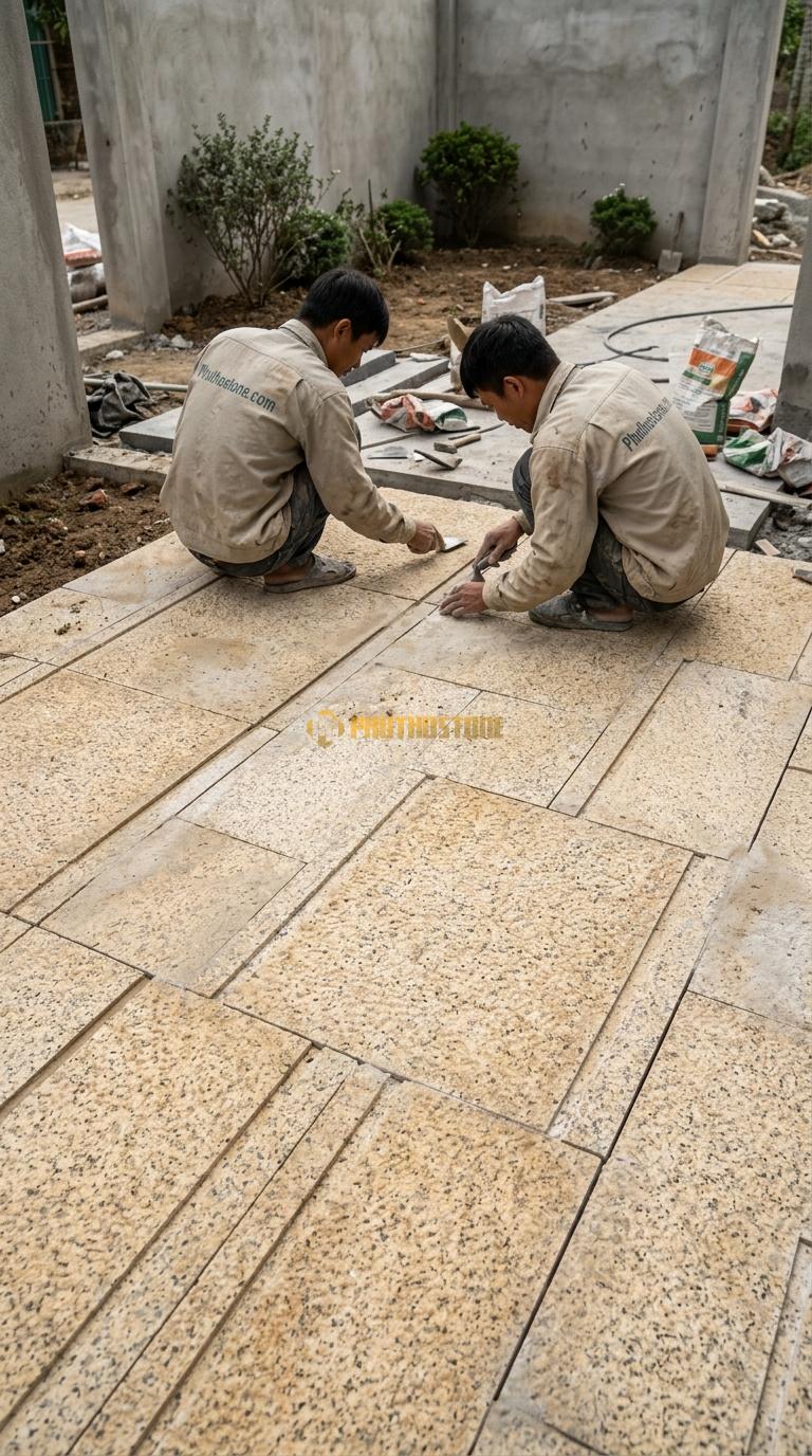 Đá Granite Vàng Băm Hoạ Tiết 2cm Lát Sân Trước 500x500cm