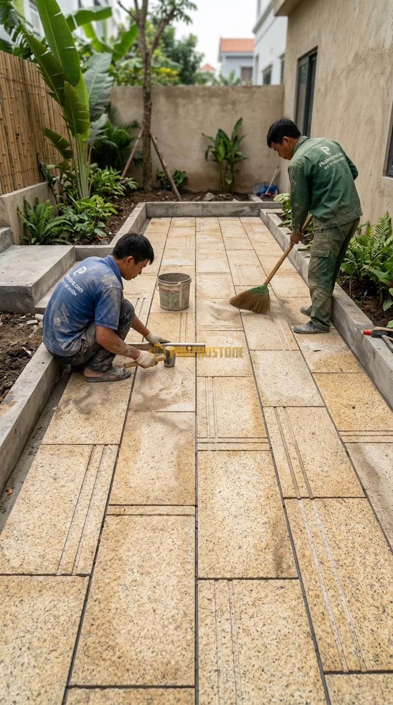 Đá Granite Vàng Băm Hoạ Tiết 3cm Lát Sân Sau 600x300cm