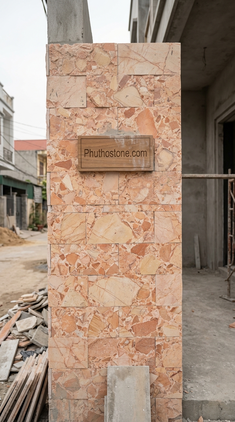 Đá hồng ốp mặt tiền, bề mặt chẻ tay (Slate), Kích thước 10x20cm