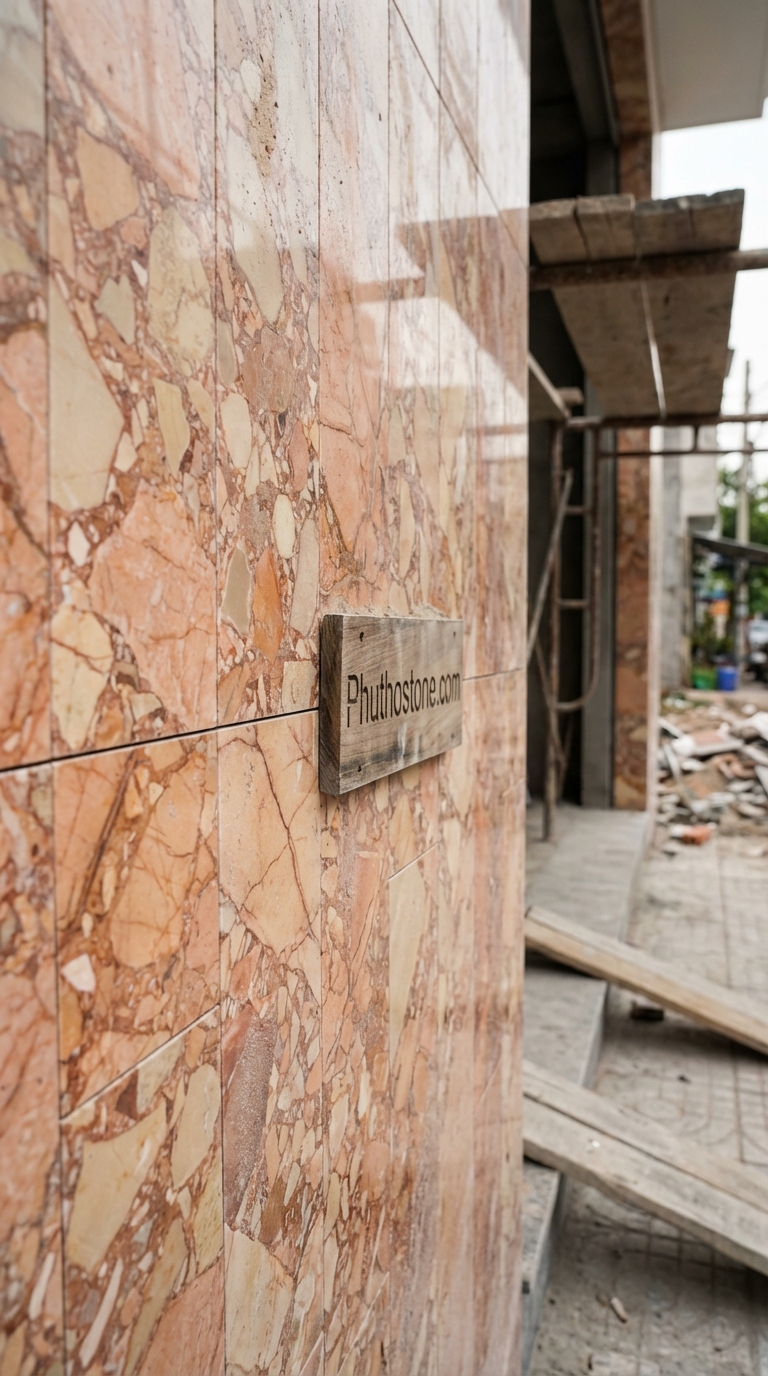 Đá hồng ốp mặt tiền, bề mặt ghép thanh đa sắc, Kích thước 10x50cm