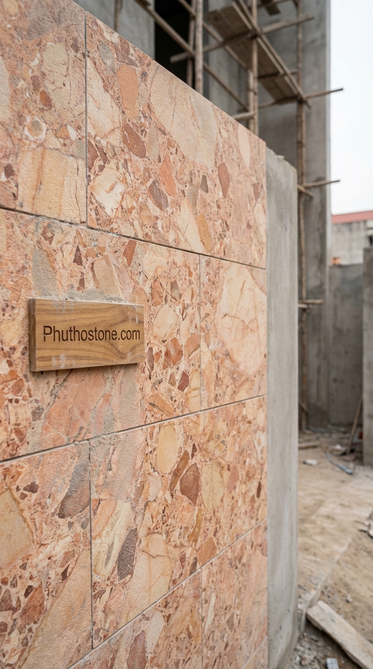 Đá hồng ốp mặt tiền, bề mặt khò mặt, Kích thước 30x60cm