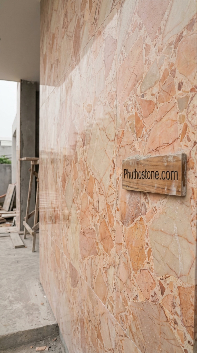 Đá hồng ốp mặt tiền, bề mặt mài bóng sang trọng, Kích thước 60x120cm