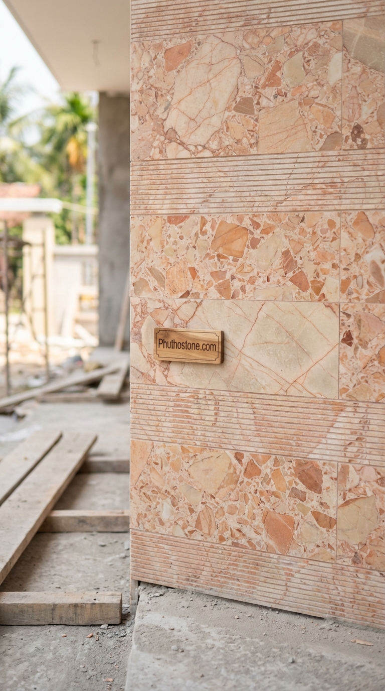 Đá hồng ốp mặt tiền, bề mặt soi chỉ ngang, Kích thước 20x60cm