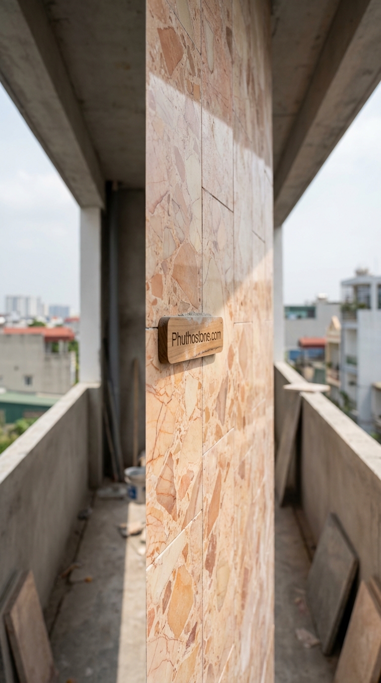 Đá hồng ốp tường ban công, bề mặt chẻ tay tự nhiên, Kích thước 5x20cm