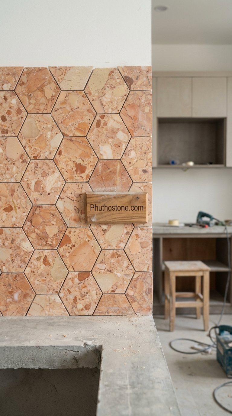 Đá hồng ốp tường bếp, bề mặt Mosaic lục giác, Kích thước vỉ 30x30cm