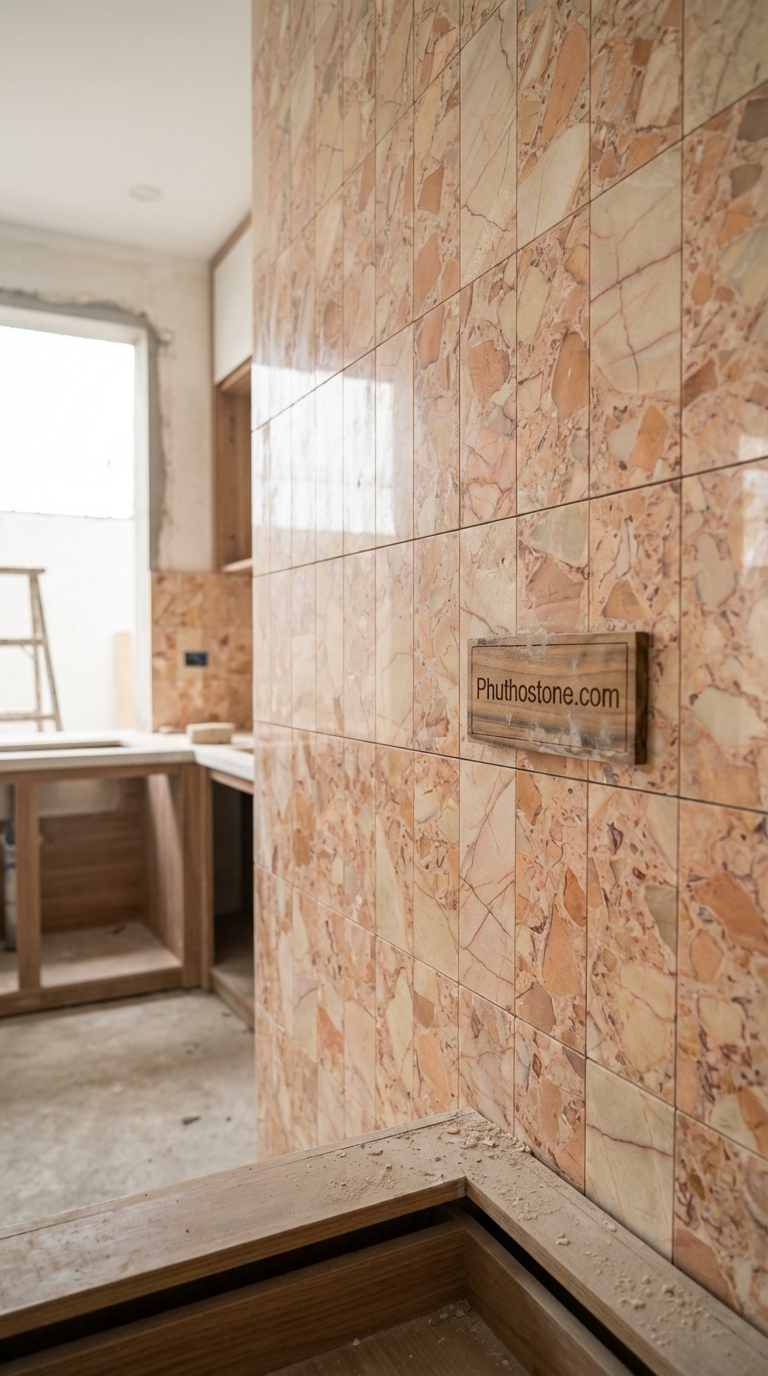 Đá hồng ốp tường bếp, bề mặt Mosaic vuông, Kích thước vỉ 30x30cm