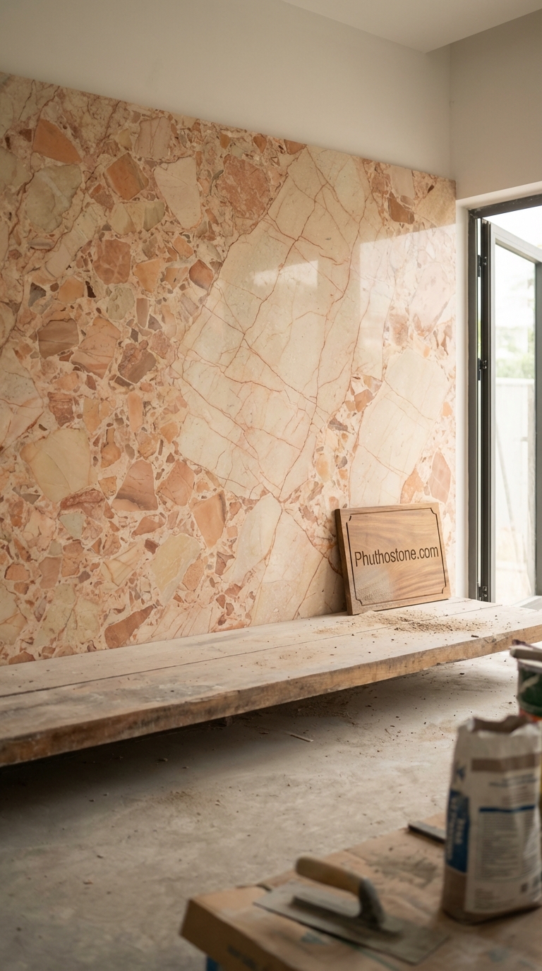 Đá hồng ốp tường bếp, bề mặt vân mây, Kích thước khổ lớn (Slab)