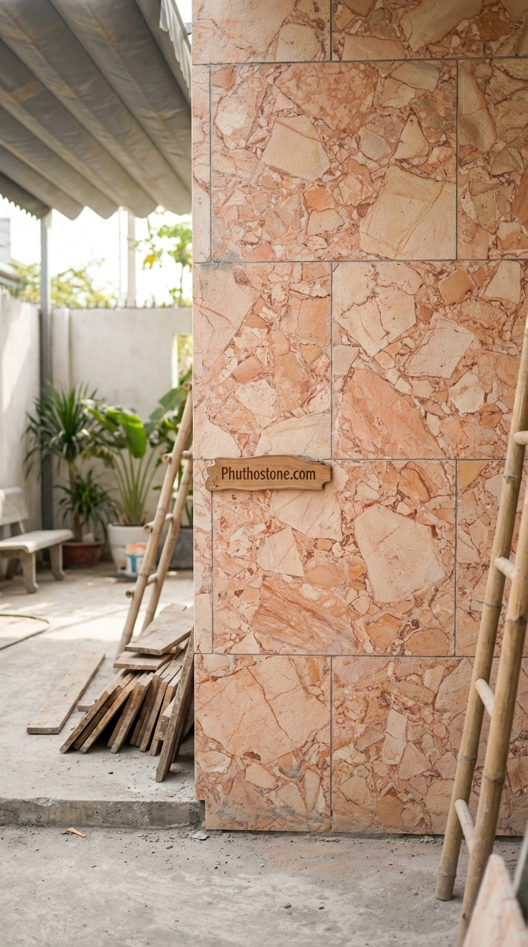 Đá hồng ốp tường ngoài trời, bề mặt khò lửa, Kích thước 30x60cm