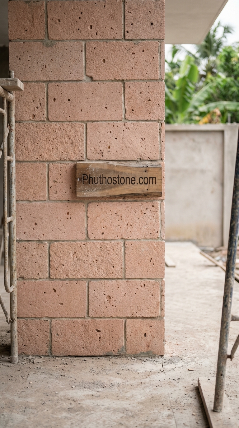 Đá hồng ốp tường ngoài trời, bề mặt tổ ong lỗ nhỏ, Kích thước 15x30cm