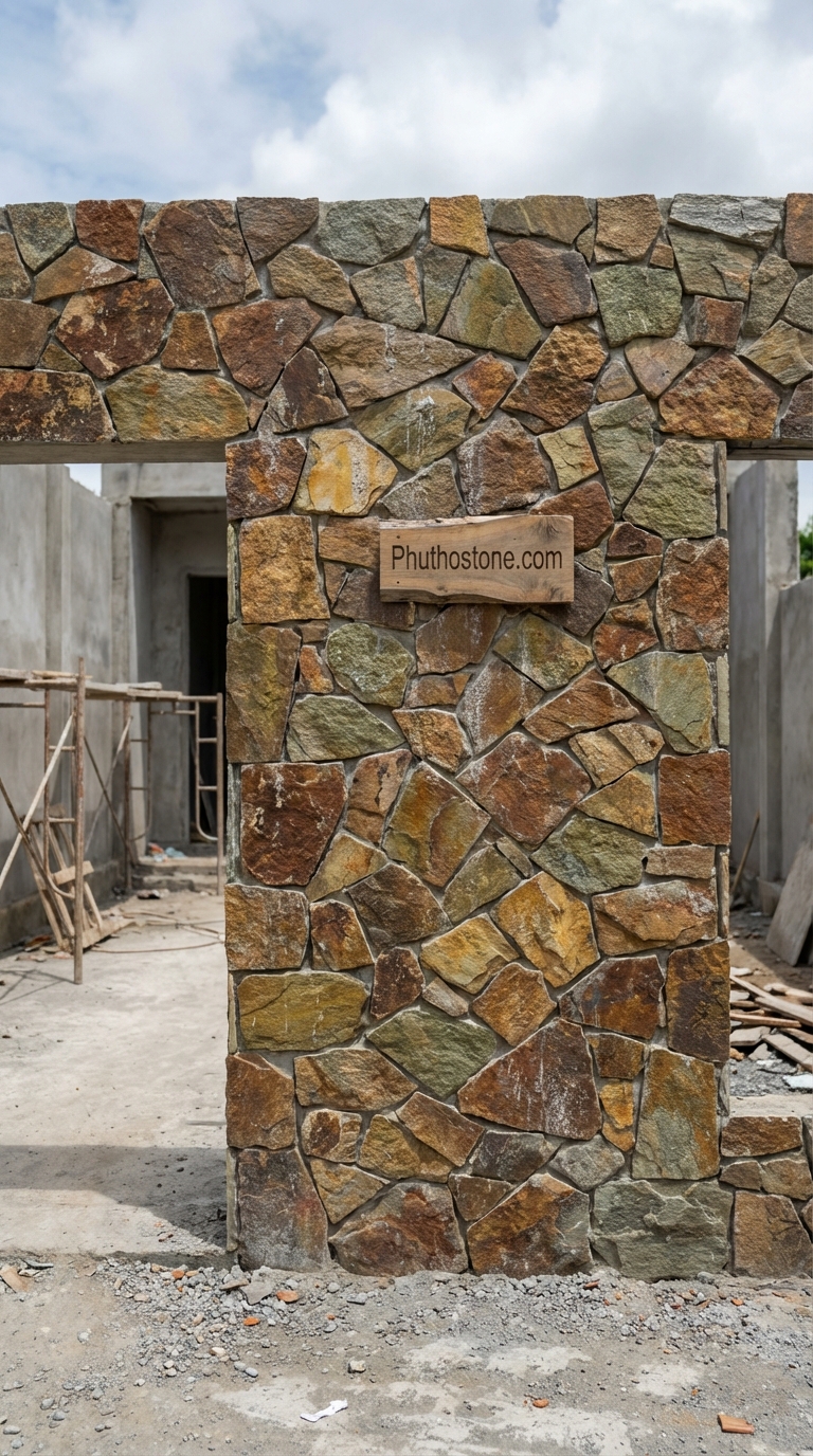 Đá Lai châu ốp mặt tiền, bề mặt ghép thanh đa sắc, Kích thước 10x50cm