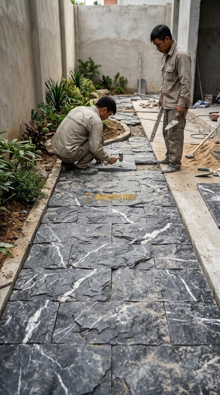 Đá Mosaic Đá Đen Chỉ Trắng Vỉ 30×30 Lát Tiểu Cảnh Sân Vườn