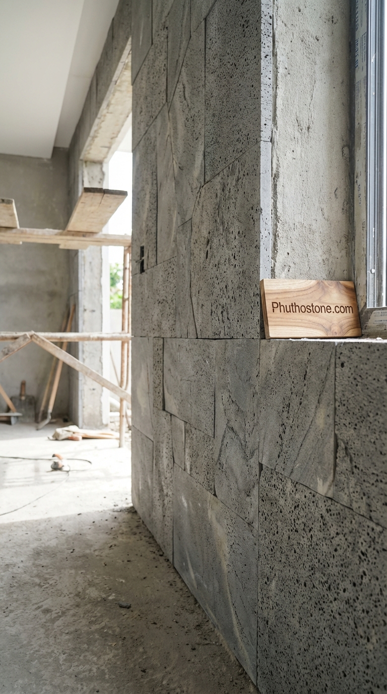Đá ong xám ốp tường bếp, bề mặt vân mây, Kích thước khổ lớn (Slab)