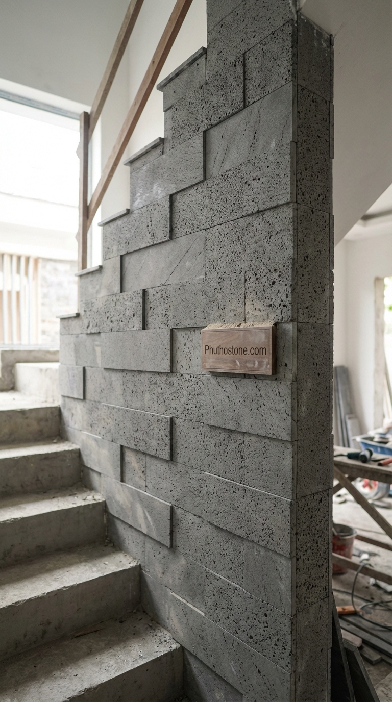 Đá ong xám ốp tường cầu thang, bề mặt ghép thanh hiện đại, Kích thước 10x50cm