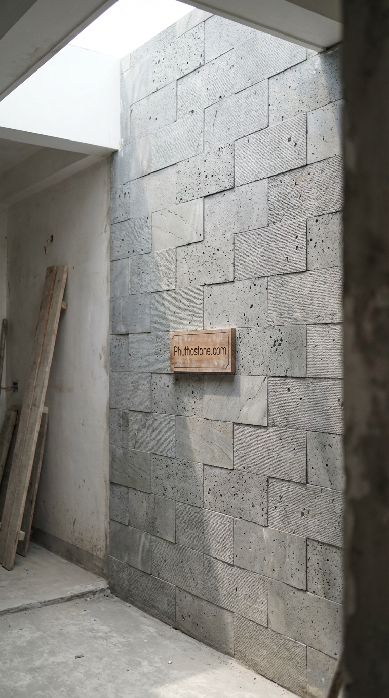 Đá ong xám ốp tường giếng trời, bề mặt răng lược, Kích thước 10x20cm