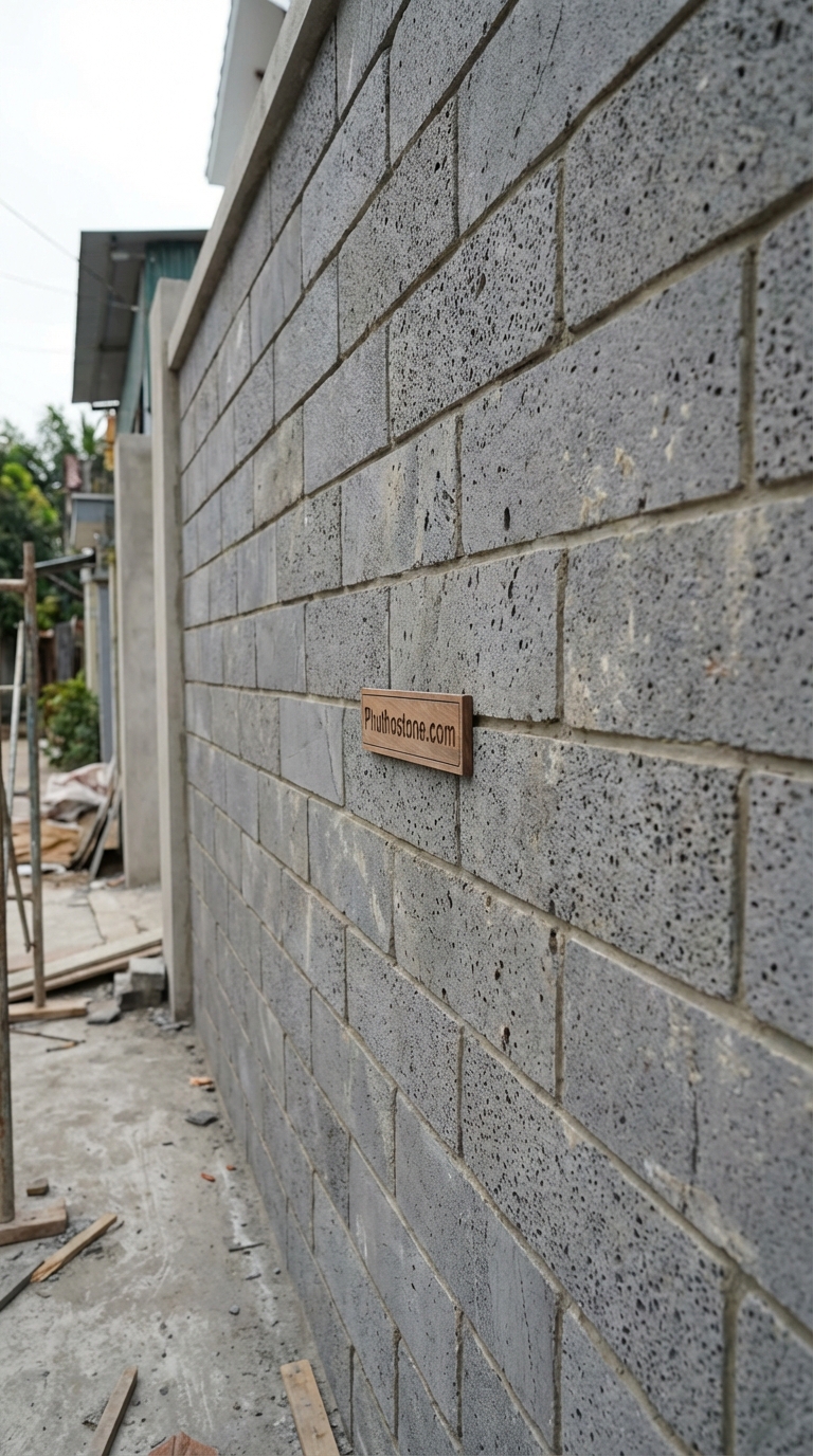 Đá ong xám ốp tường rào, bề mặt đá ghép, Kích thước 10x50cm