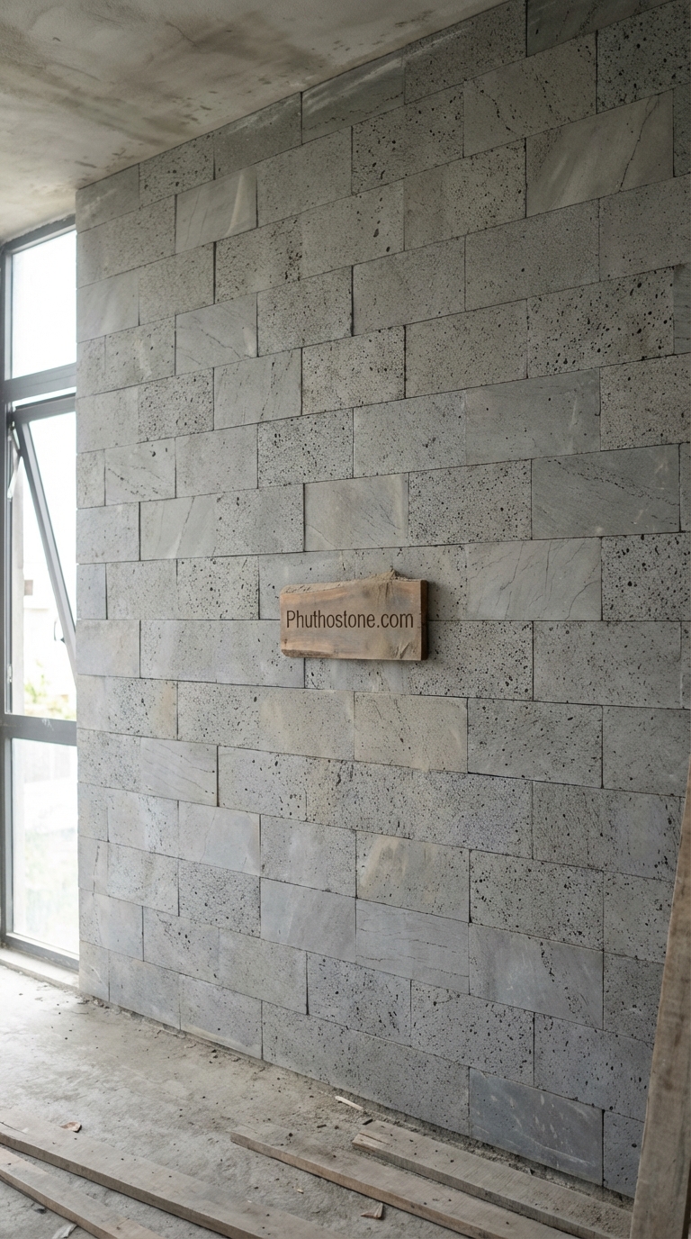 Đá ong xám ốp tường thác nước, bề mặt bóc lồi nhẹ, Kích thước 10x20cm