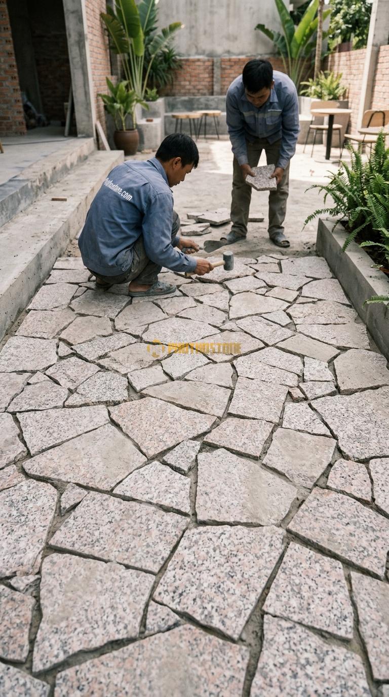 Đá Rối Granite Hồng Lát Sân Quán Cafe