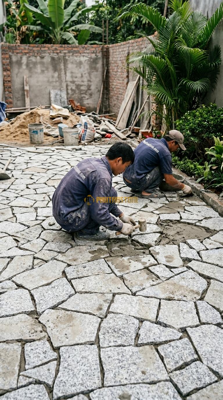 Đá Rối Granite Trắng Muối Tiêu Lát Sân Nhà Phố