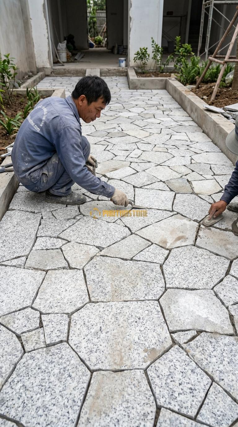 Đá Rối Granite Trắng Muối Tiêu Lát Sân Quán Cafe