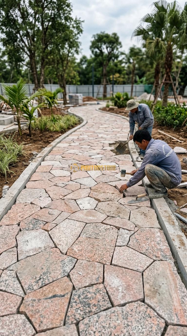 Đá Rối Lát Lối Đi Công Viên Granite Hồng