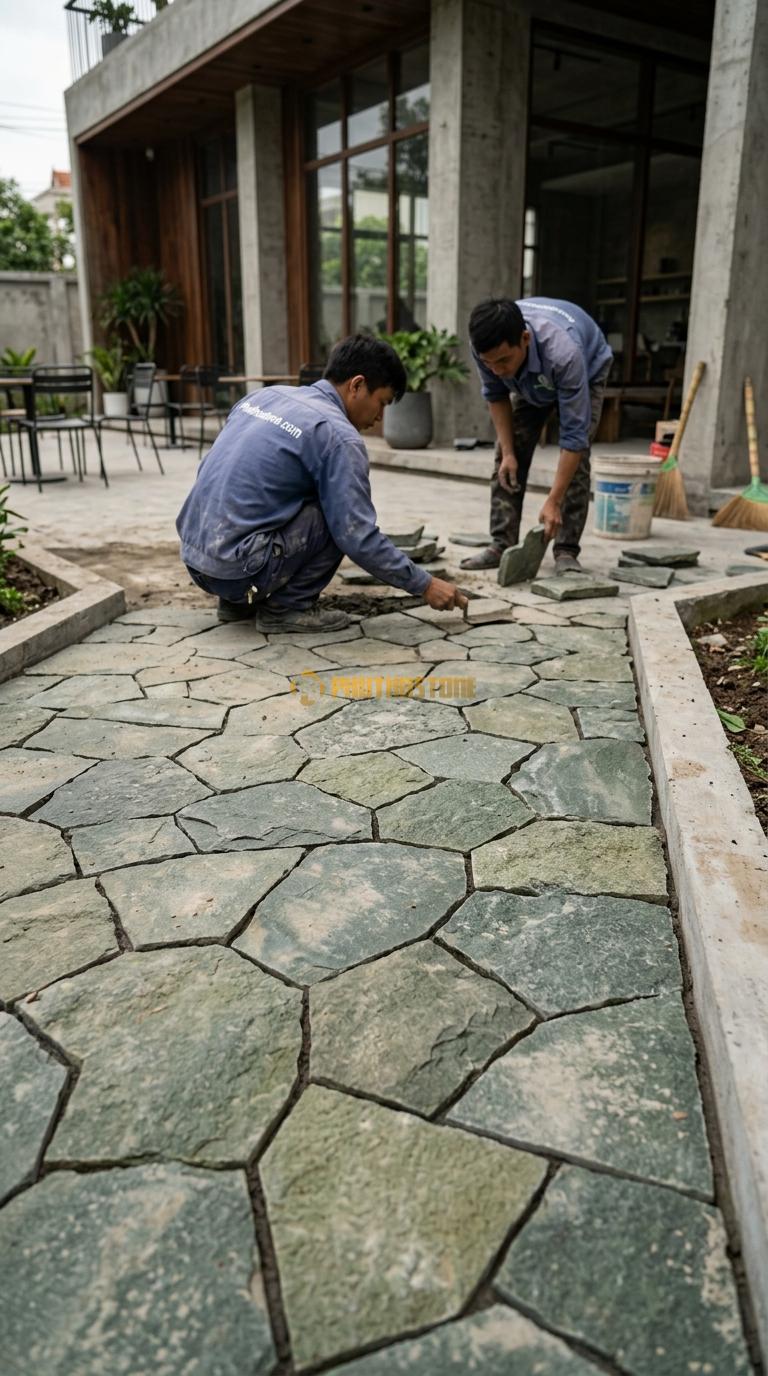 Đá Rối Xanh Rêu Lát Sân Quán Cafe