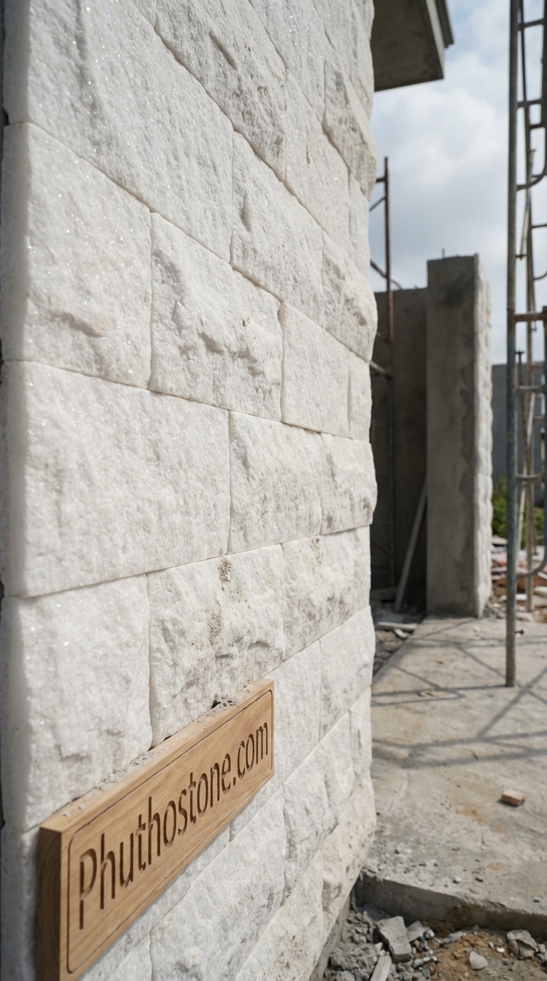 Đá trắng muối ốp mặt tiền, bề mặt chẻ tay (Slate), Kích thước 10x20cm