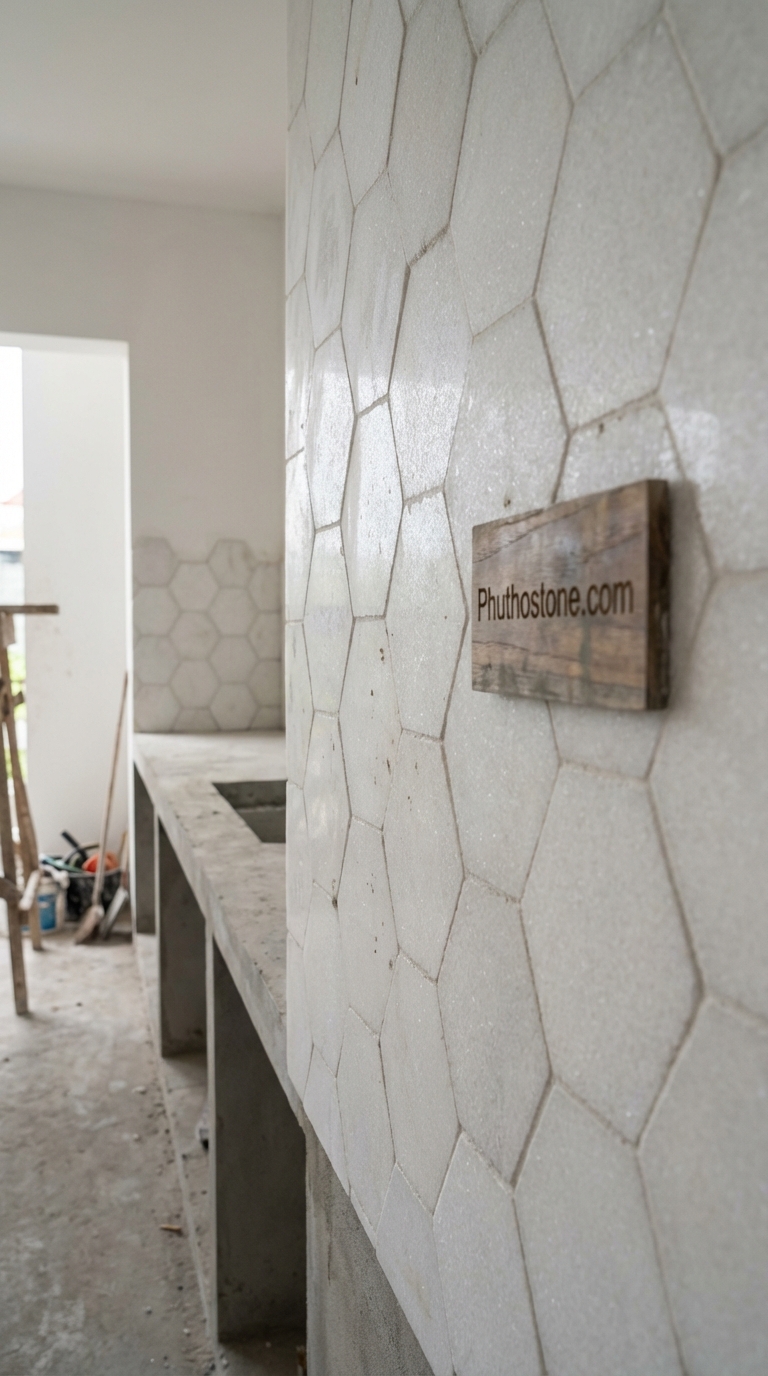 Đá trắng muối ốp tường bếp, bề mặt Mosaic lục giác, Kích thước vỉ 30x30cm