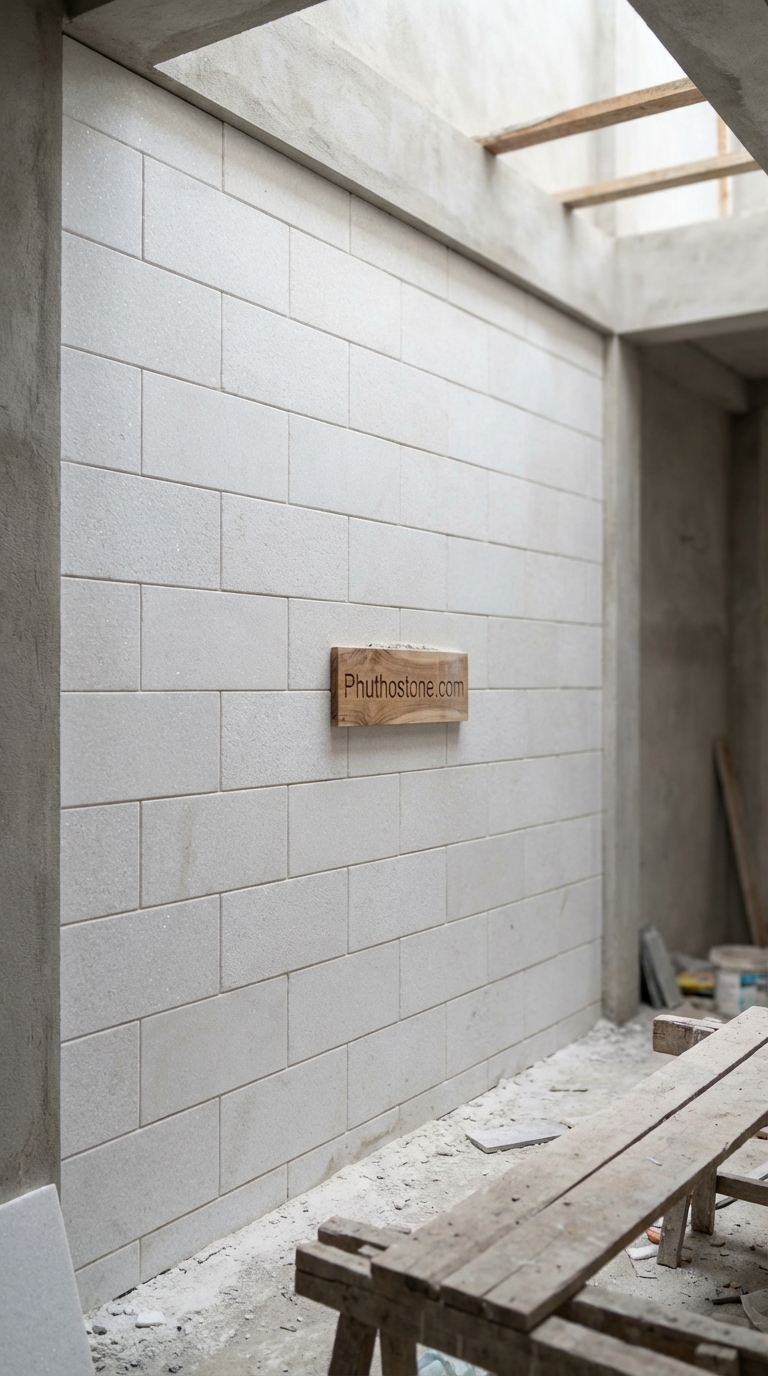 Đá trắng muối ốp tường giếng trời, bề mặt bóc lồi, Kích thước 15x30cm