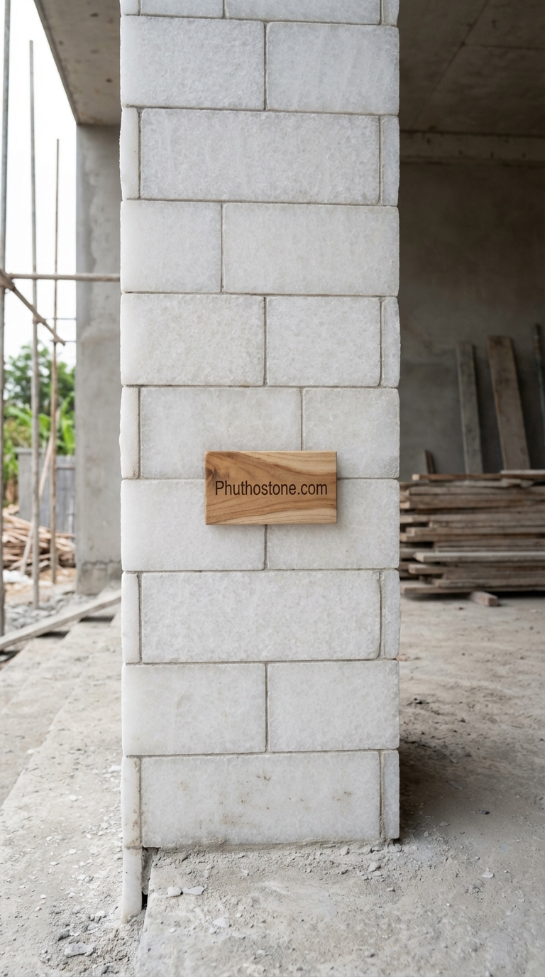 Đá trắng muối ốp tường ngoài trời, bề mặt đá ghép, Kích thước 10x50cm