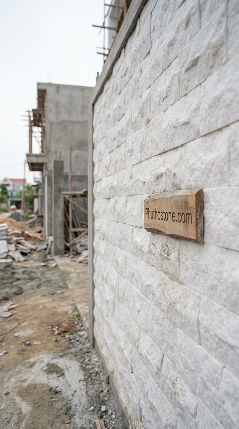 Đá trắng muối ốp tường rào, bề mặt bóc lồi, Kích thước 10x20cm