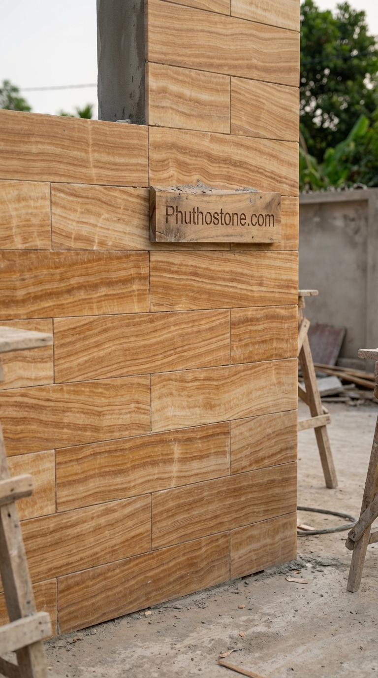 Đá vân gỗ ốp mặt tiền, bề mặt ghép thanh đa sắc, Kích thước 10x50cm