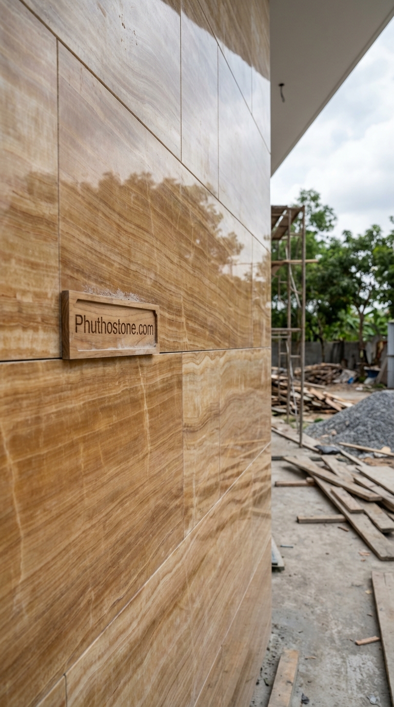 Đá vân gỗ ốp mặt tiền, bề mặt mài bóng sang trọng, Kích thước 60x120cm