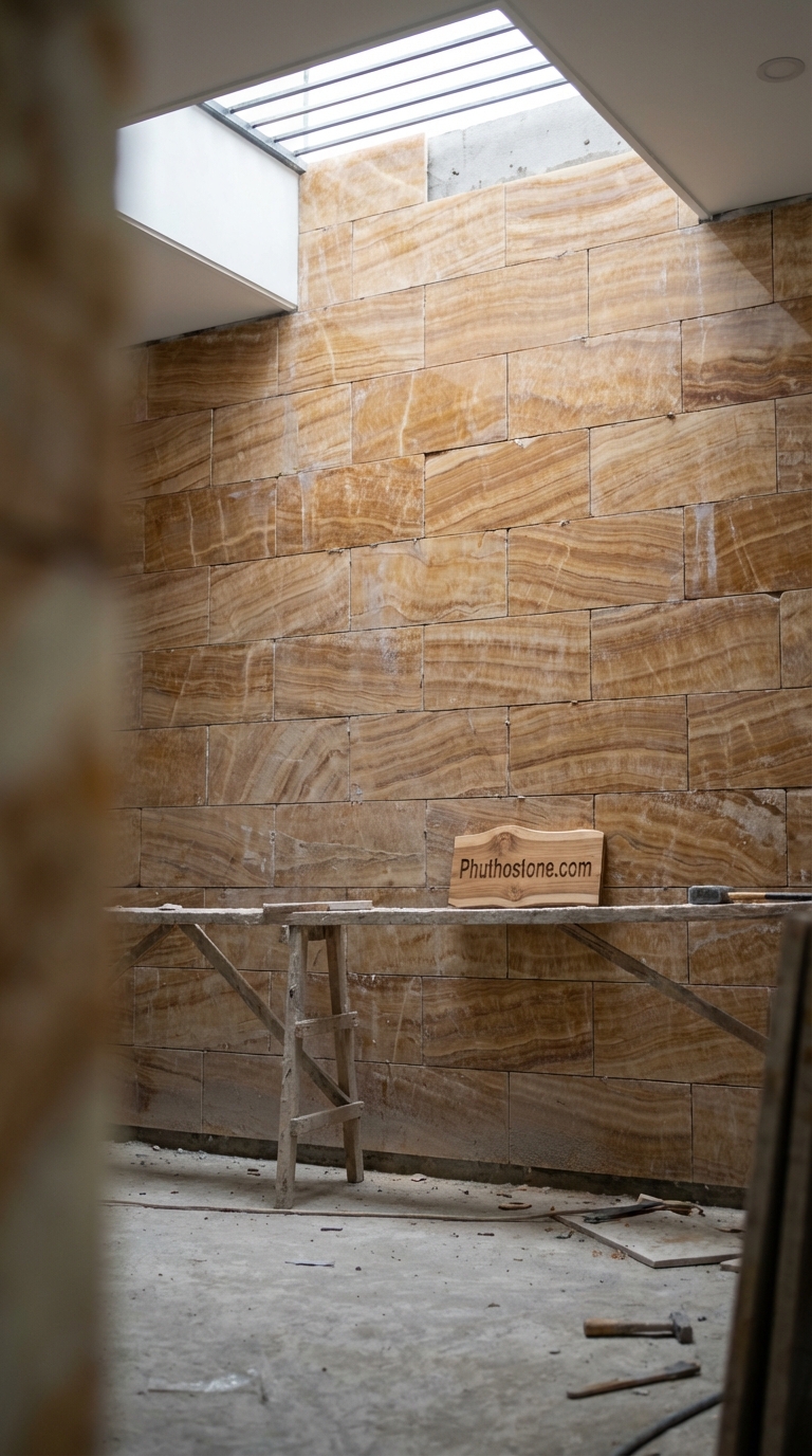 Đá vân gỗ ốp tường giếng trời, bề mặt bóc lồi, Kích thước 15x30cm