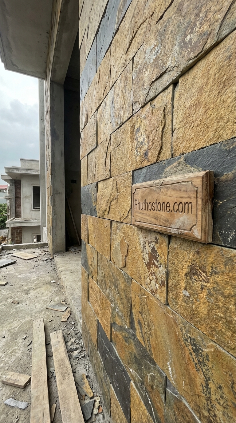 Đá vàng kim tuyến ốp mặt tiền, bề mặt chẻ tay (Slate), Kích thước 10x20cm