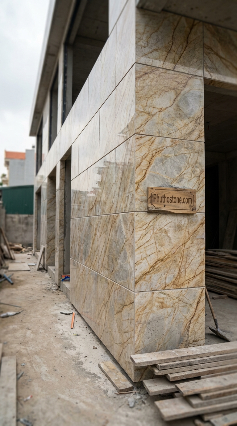 Đá vàng kim tuyến ốp mặt tiền, bề mặt mài bóng sang trọng, Kích thước 60x120cm