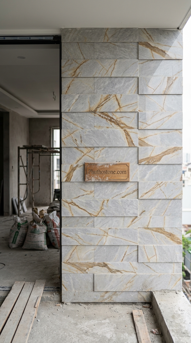Đá vàng kim tuyến ốp tường ban công, bề mặt ghép thanh 3D, Kích thước 10x50cm