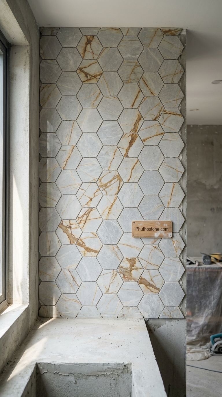 Đá vàng kim tuyến ốp tường bếp, bề mặt Mosaic lục giác, Kích thước vỉ 30x30cm