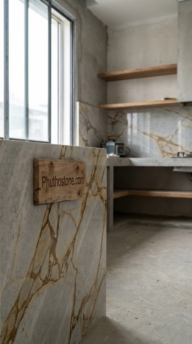 Đá vàng kim tuyến ốp tường bếp, bề mặt vân mây, Kích thước khổ lớn (Slab)