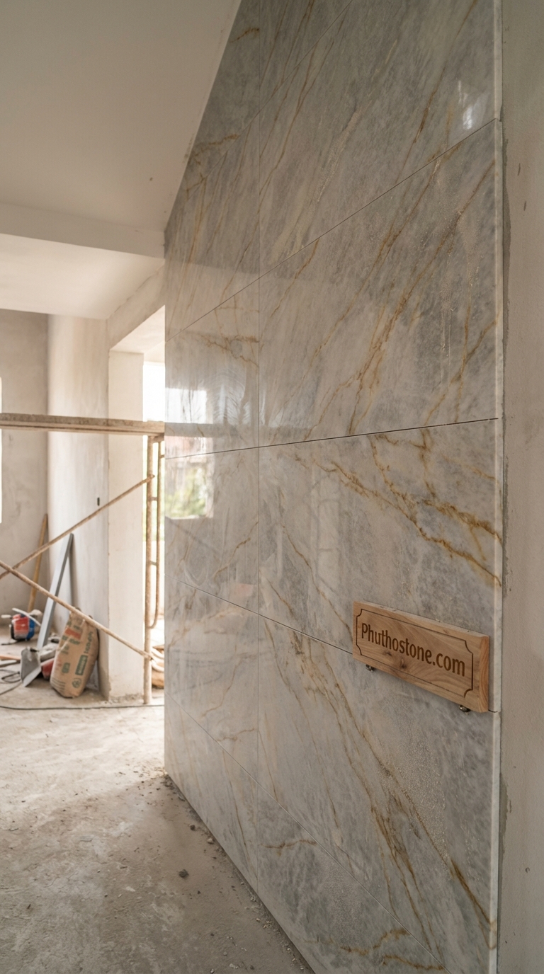 Đá vàng kim tuyến ốp tường cầu thang, bề mặt mài mờ, Kích thước 40x80cm