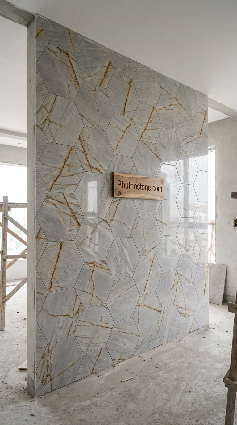 Đá vàng kim tuyến ốp tường độc đáo, bề mặt ghép hình lục giác, Kích thước đường kính 20cm