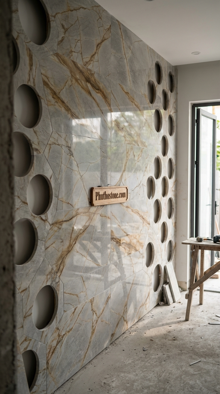 Đá vàng kim tuyến ốp tường độc đáo, bề mặt khoét lỗ tổ ong lớn, Kích thước 30x60cm