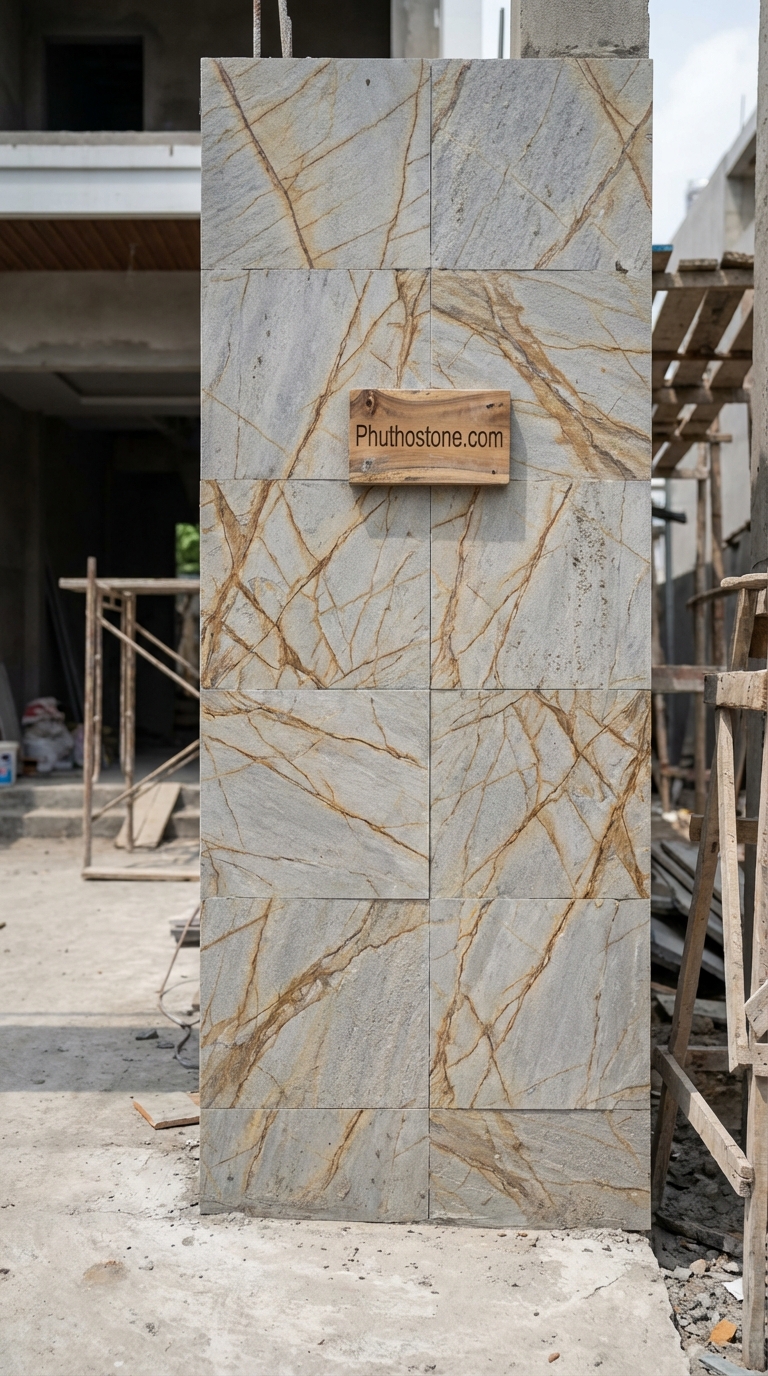 Đá vàng kim tuyến ốp tường ngoài trời, bề mặt chẻ tay Slate, Kích thước 20x20cm